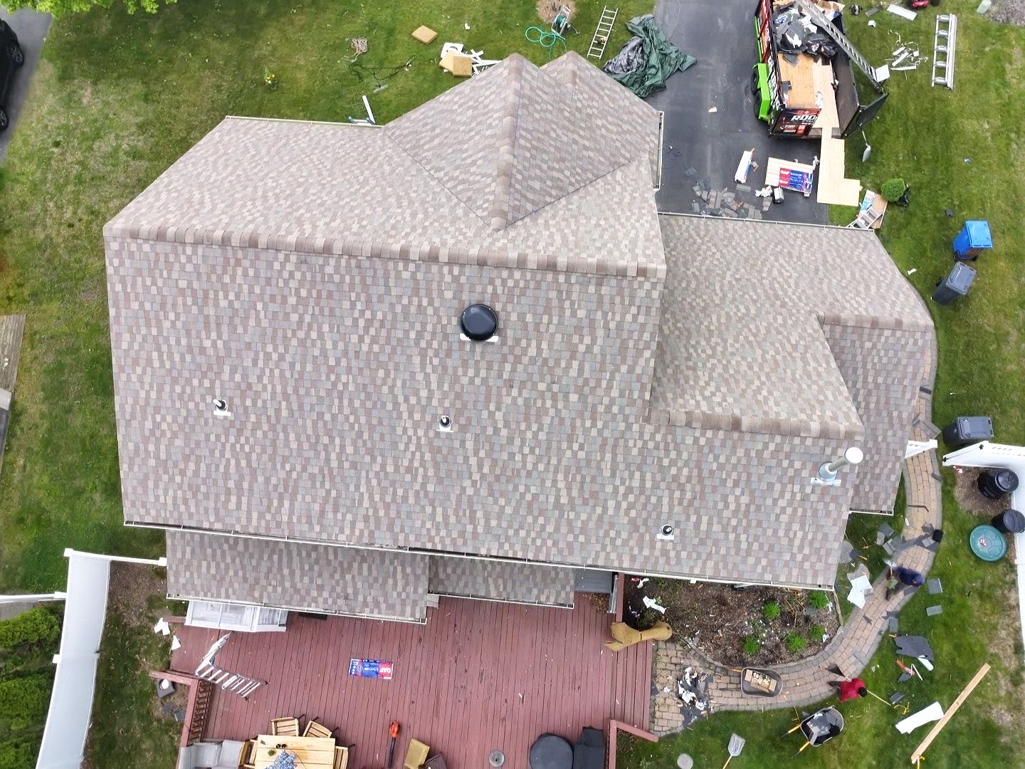 Aerial drone view of a completed Roddy Roofing shingle roof